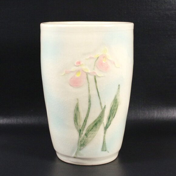 Spring Floral 7" Vase, Parsons Dietrich Pottery Lady Slipper Orchid Pastel - Picture 1 of 5